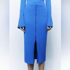 NWT Zara Womens Pencil Skirt Size Medium Knit Ribbed Midi Bluish Stretch New
